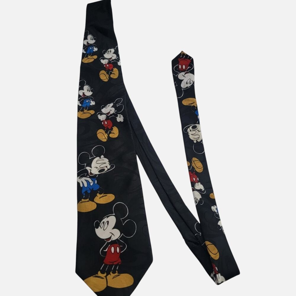 Disney Tie Mens One Size Black Polyester Mickey Mouse Cartoon Geometric Novelty
